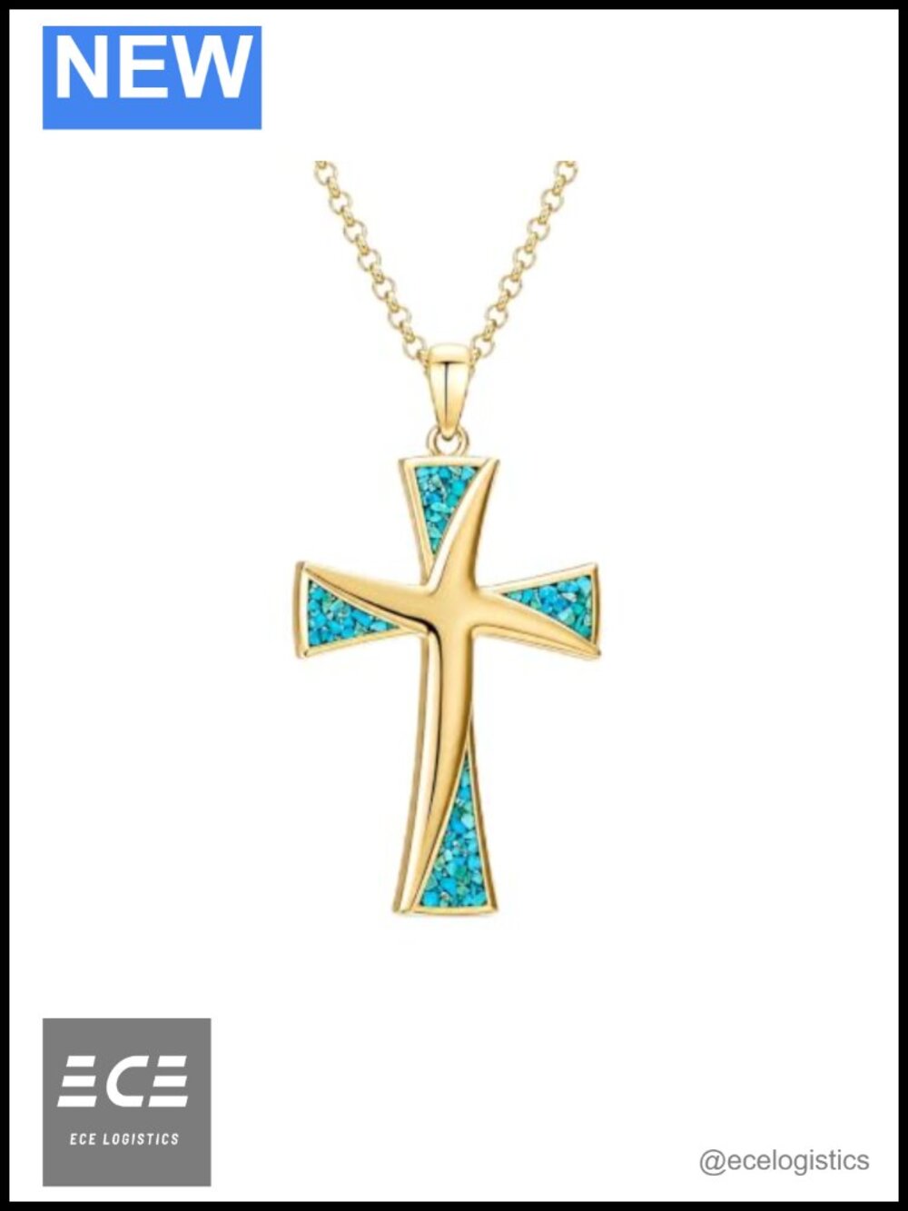14K Gold Plated Turquoise Cross Pendant Necklace 32mm Lobster Clasp